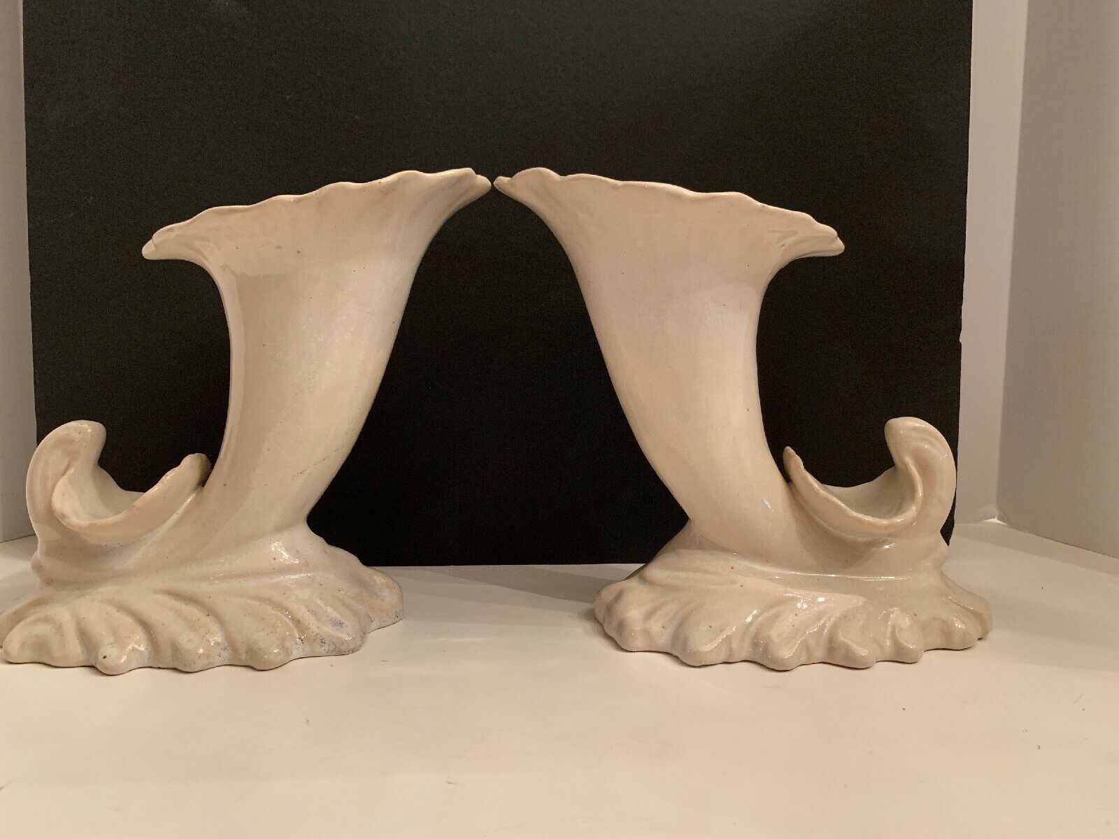 Pair Of Fulper White Glaze Cornucopia Vases Marked Fulper #4065