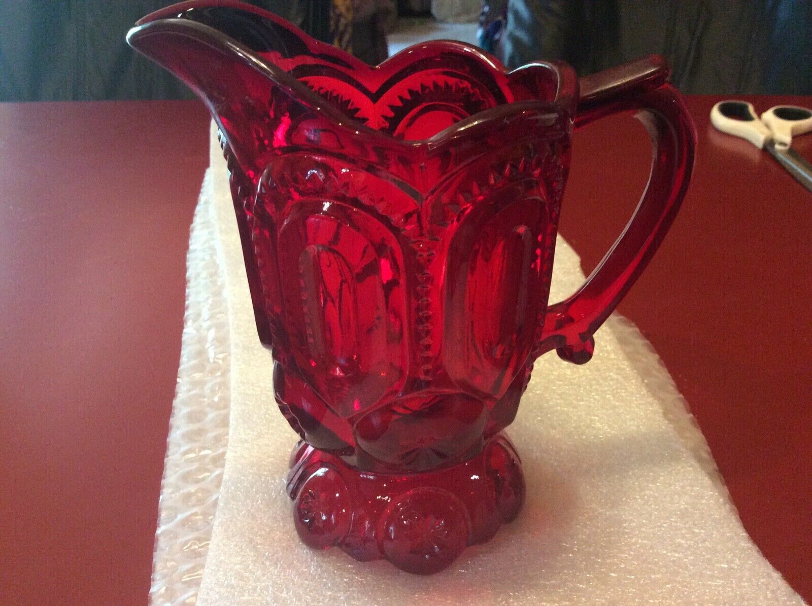 Moon & Stars Red Pressed Glass Tall Creamer Pitcher L E Smith 6.25” Flawless
