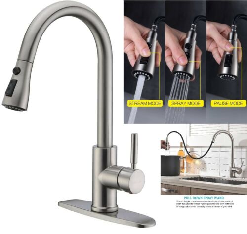Single Handle High Arc Brushed Nickel Kitchen Sink Faucet With Pull Down Sprayer