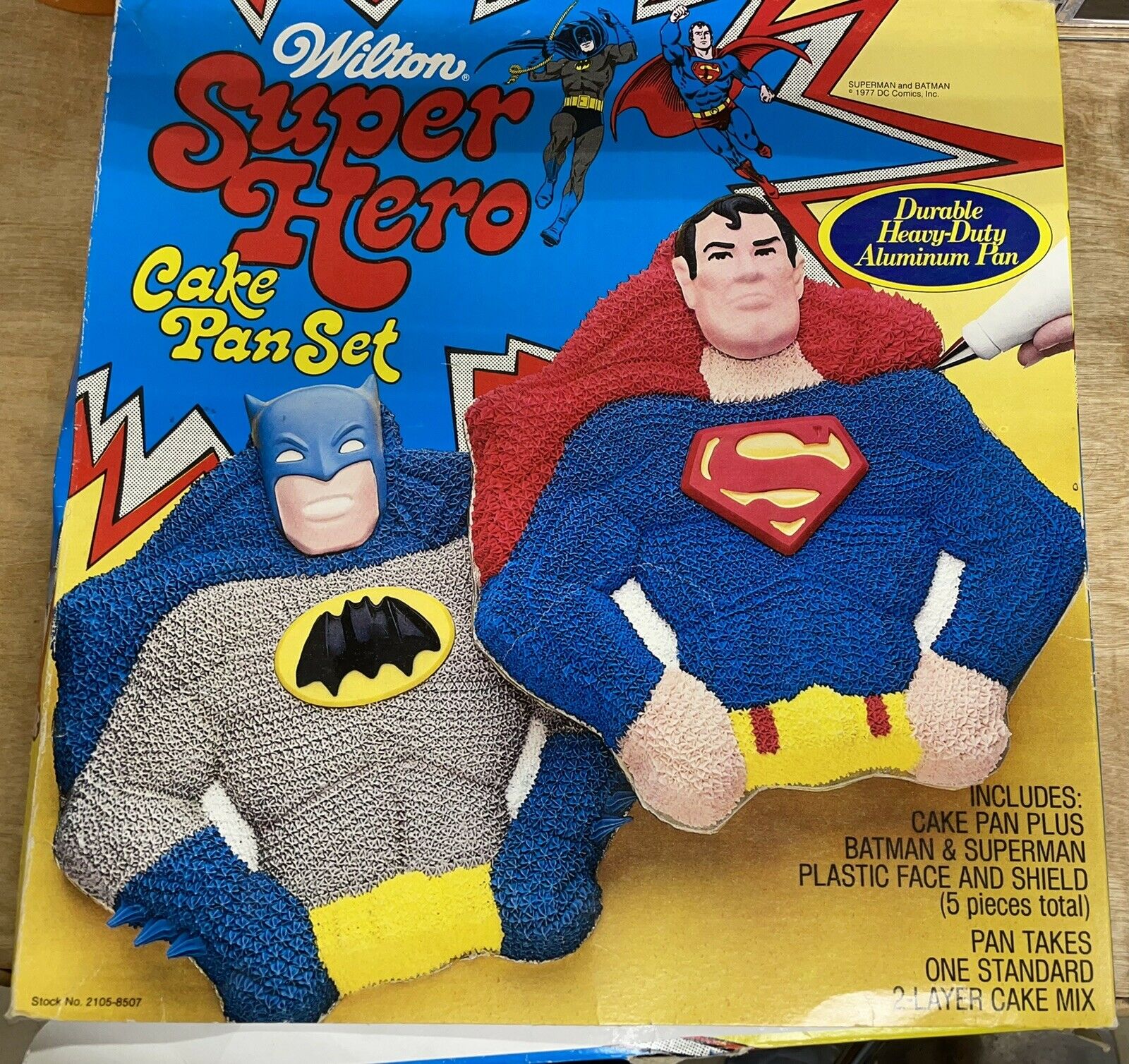 Wilton Super Hero Batman Superman 1977 Cake Pan Set Face Shield Instructions Box