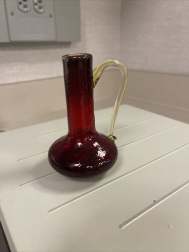 Vintage Ruby Red Crackle Glass Bud Vase, Hand Blown, Light Handle, Beautiful!