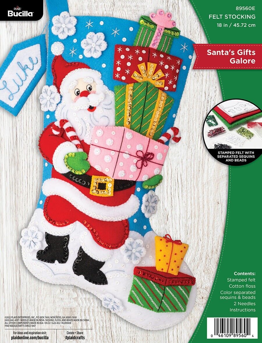 Bucilla Felt Stocking Applique Kit 18" Long Santa's Gifts Galore 89560e