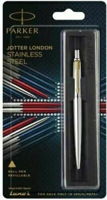 Parker Jotter Ss Steel Gt Gold Trim Ball Point Pen, Fine Nib, 0.8mm Blue Ink New