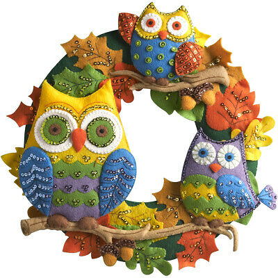 Bucilla Owl Birds Halloween Thanksgiving Fall Leaves Felt Wreath Craft Kit 86562