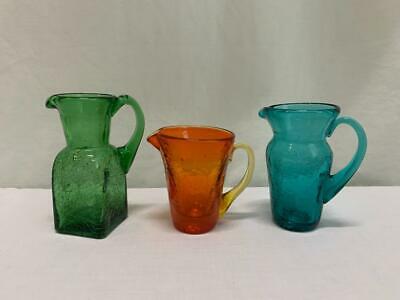 Lot Of 3 Vintage Crackled Colored Glass Small Pitchers Green, Blue, Orange