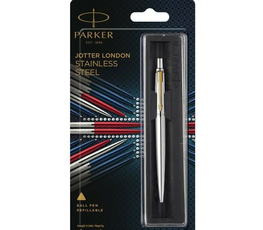 Parker Jotter  Steel Gt Gold Trim Ball Point Pen, Fine Nib, 0.8mm Blue Ink New