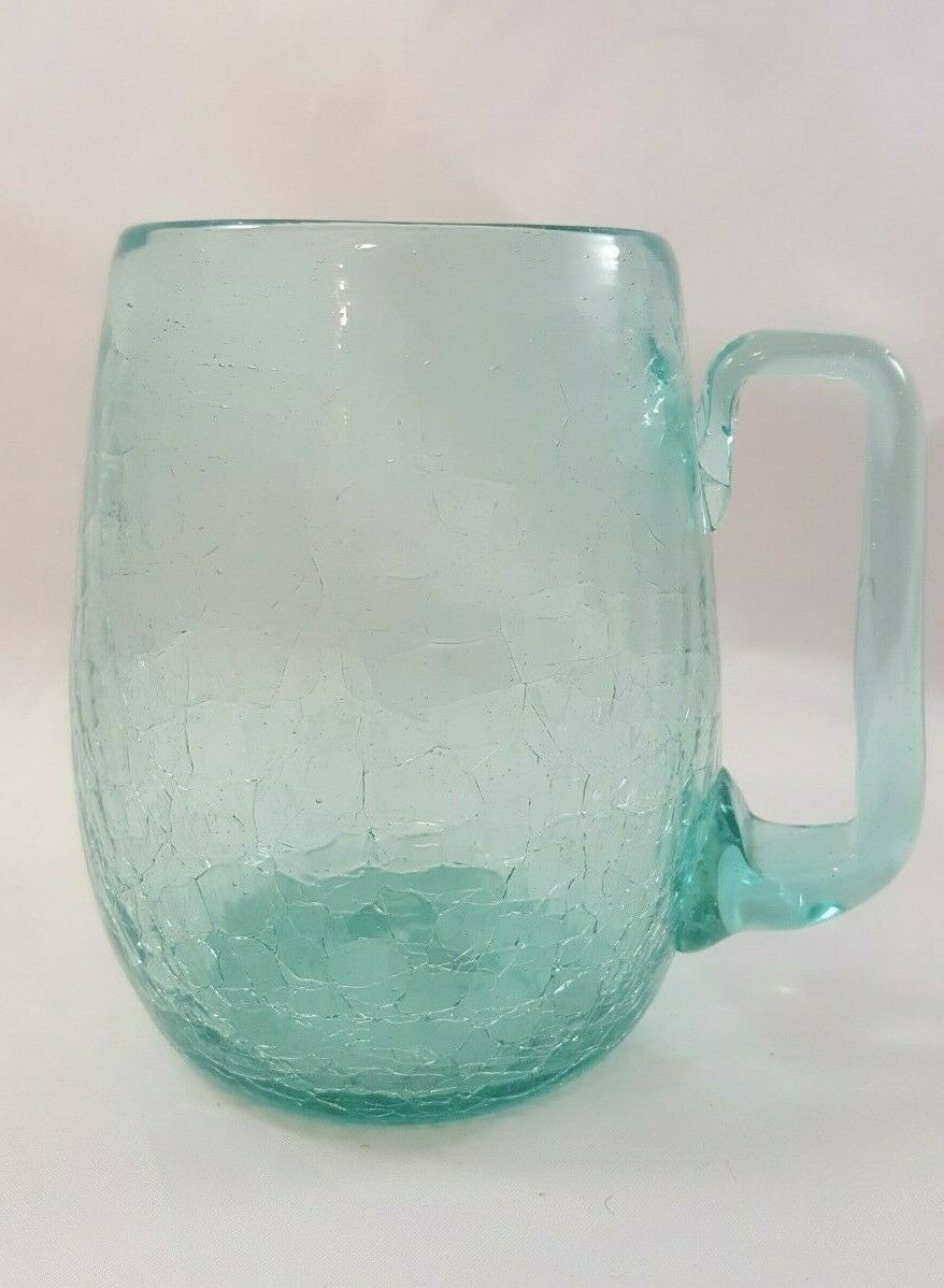 Blue Green Crackle Glass 16 Oz. Mug With Applied Handle & Pontil