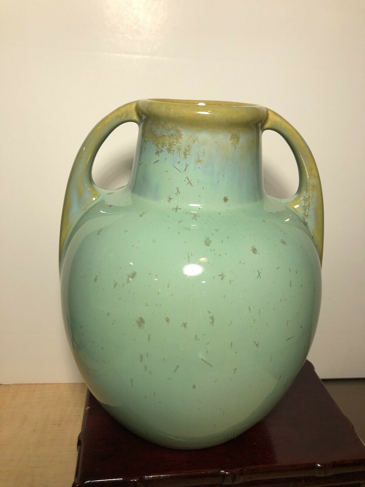 Fulper 2 Handled Green Aqua Vase 8” Tall Stunning