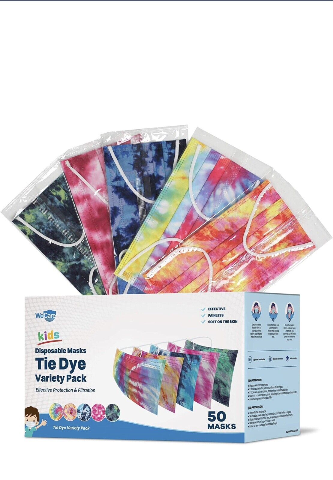Wecare Kids Disposable Face Masks, 50 Asstd Tie Dye Masks, Individually Wrapped