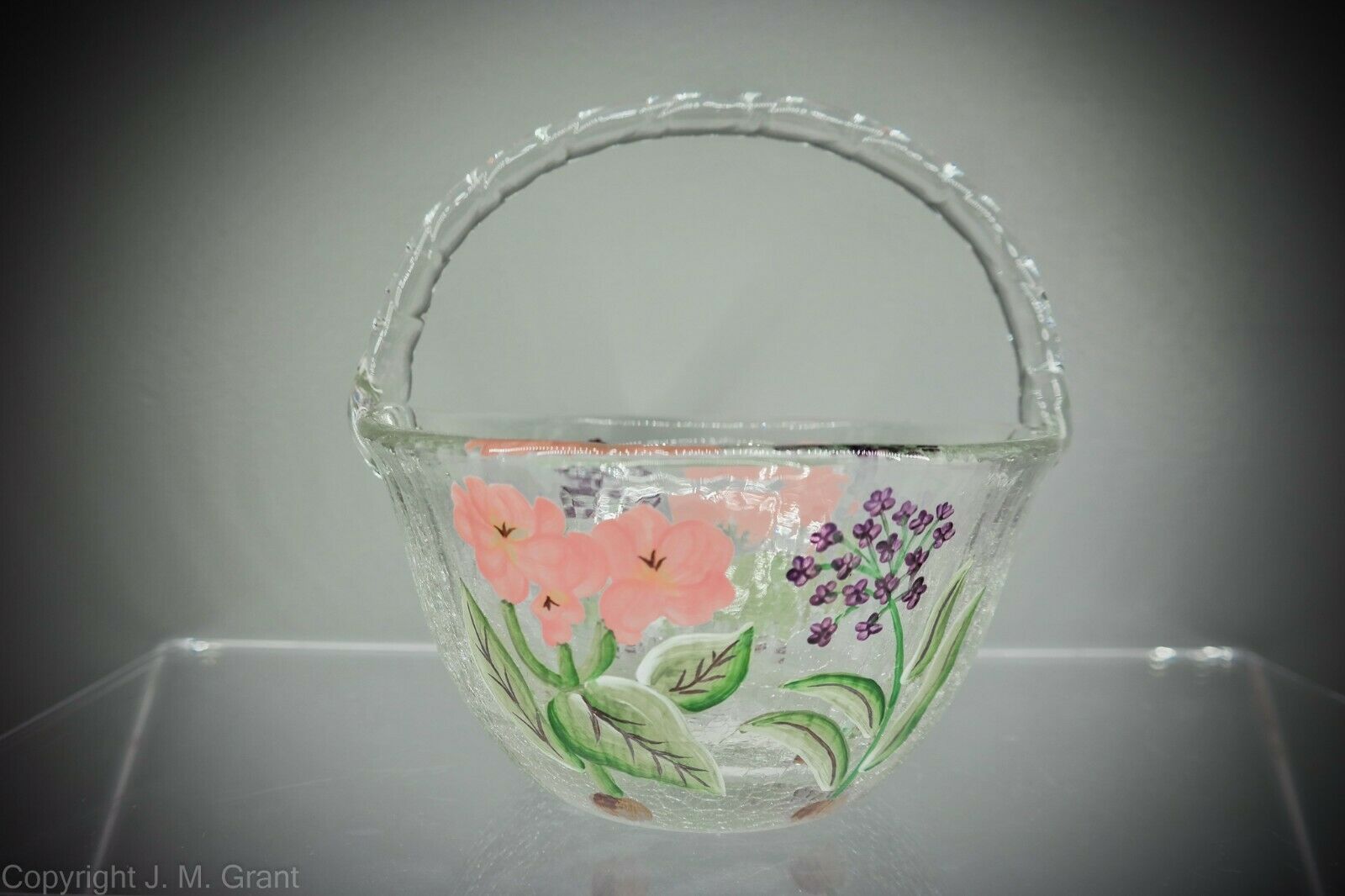 Fifth Avenue Crystal Hand Painted Floral Crackle Glass Basket Mwt Romania